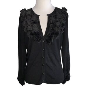 Mosca Black Deep V Floral Trim Button Front Casual Career Cardigan Sweater M